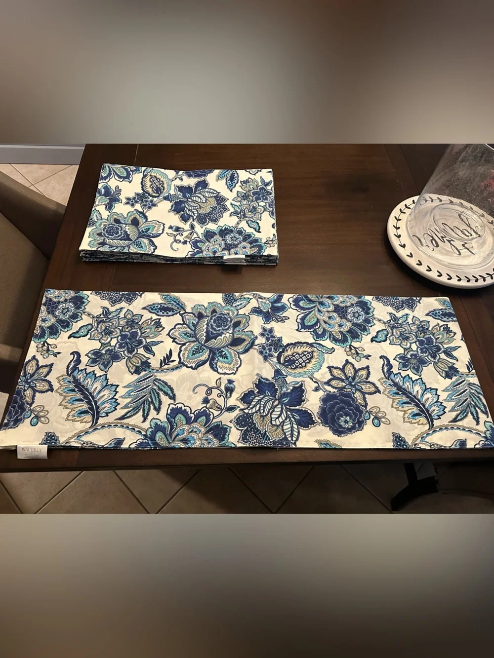 Waverly Blue and Cream Floral Table Runner with Matching Placemats